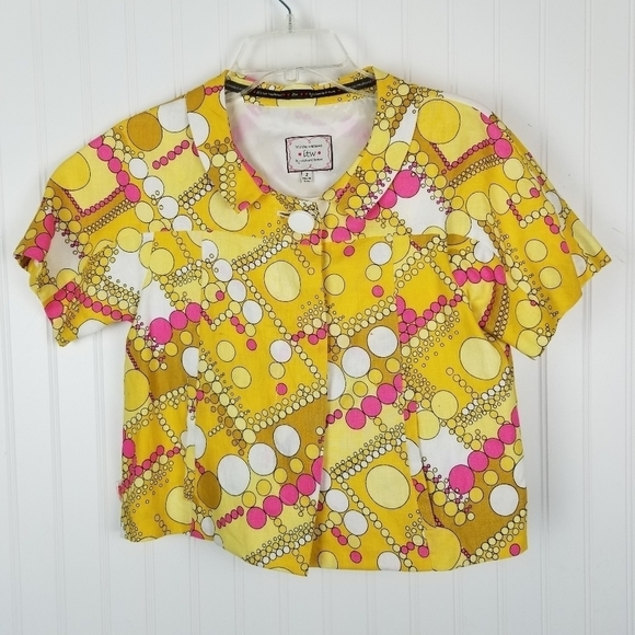 ITW Linen Retro Style Print One Button Swing Blazer Jacket Size 2 Short Sleeve - Picture 13 of 16